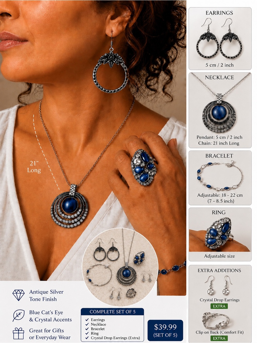 5 pcs Blue Cat's Eye & Crystal Five-Piece Jewelry Set - Antique Silver Tone